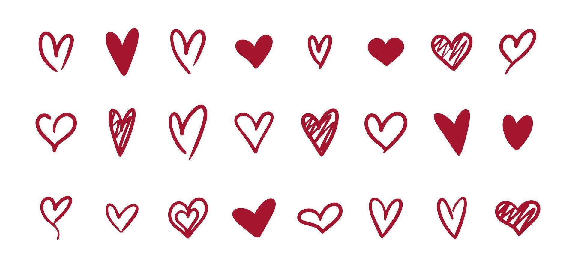 Red Heart doodles set. Hand drawn hearts collection. Love icon illustration vector