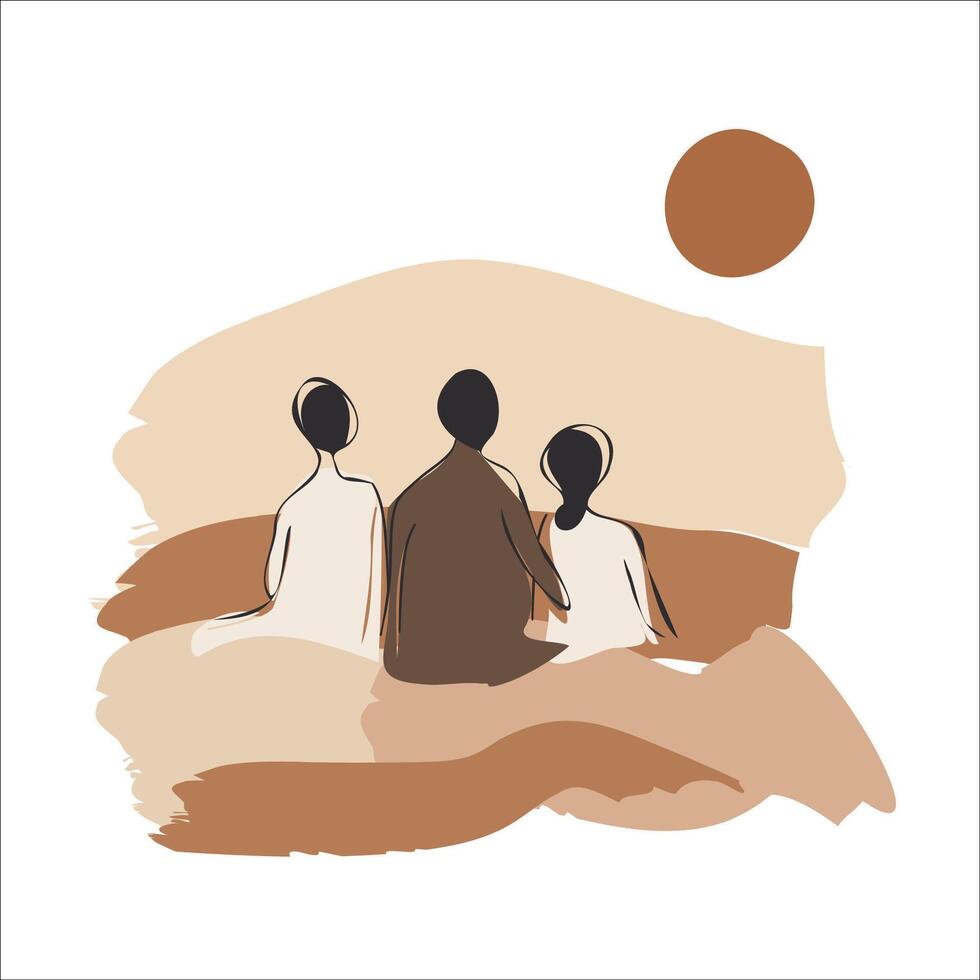 Three people are sitting on the beach, with one of them holding the other two vector