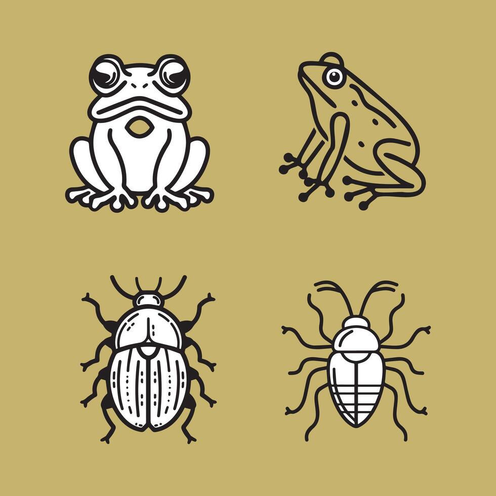 Four different insects are shown in black and white. The first insect is a frog, the second is a bug, the third is a beetle, and the fourth is a bug. The insects are all drawn in a simple vector