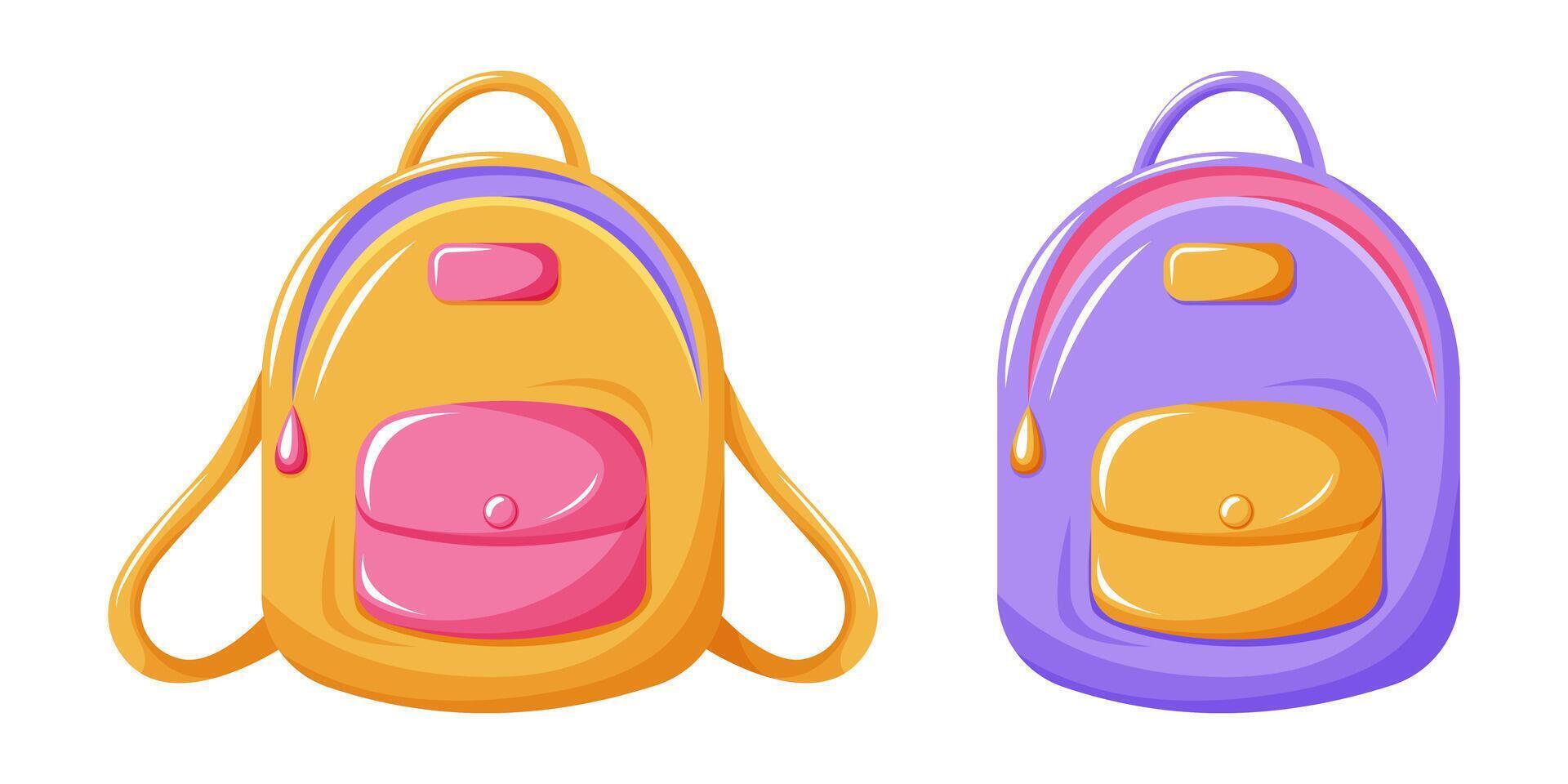 colegio infantil mochila, amarillo y púrpura color. niños maletín, bolsa para la escuela para suministros. espalda a escuela, educación concepto, moderno plano estilo vector