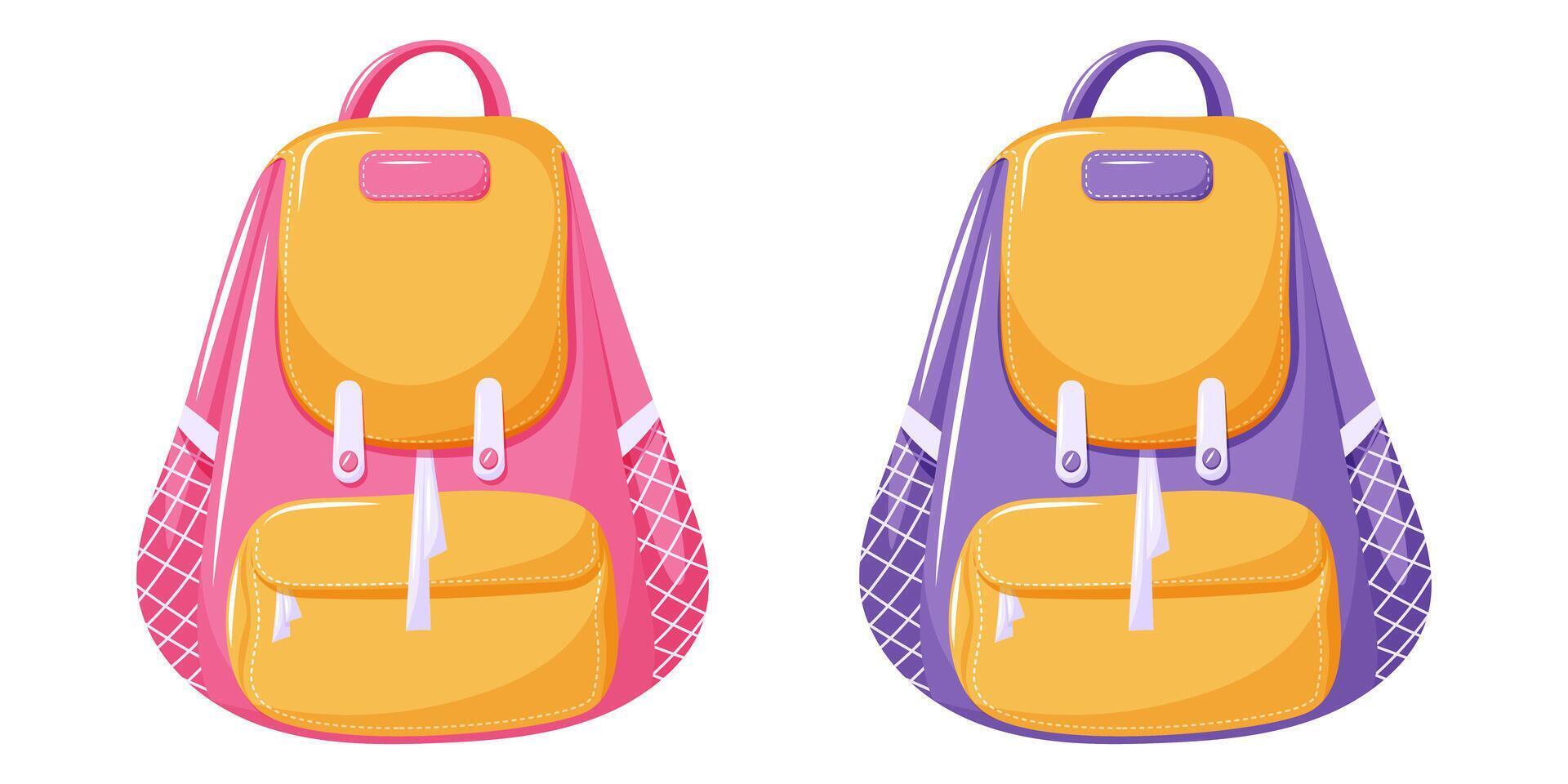 colegio infantil mochila para niña y chico, rosado y púrpura color. niños maletines, mochilas escolares para suministros. espalda a escuela, educación concepto, ilustración, moderno dibujos animados plano estilo vector