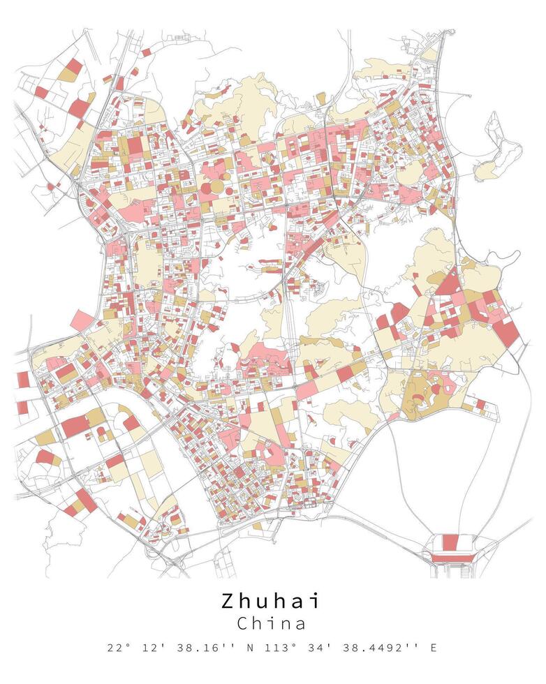 Zhuhai,China city centre,Urban detail Streets Roads color Map, element template image vector