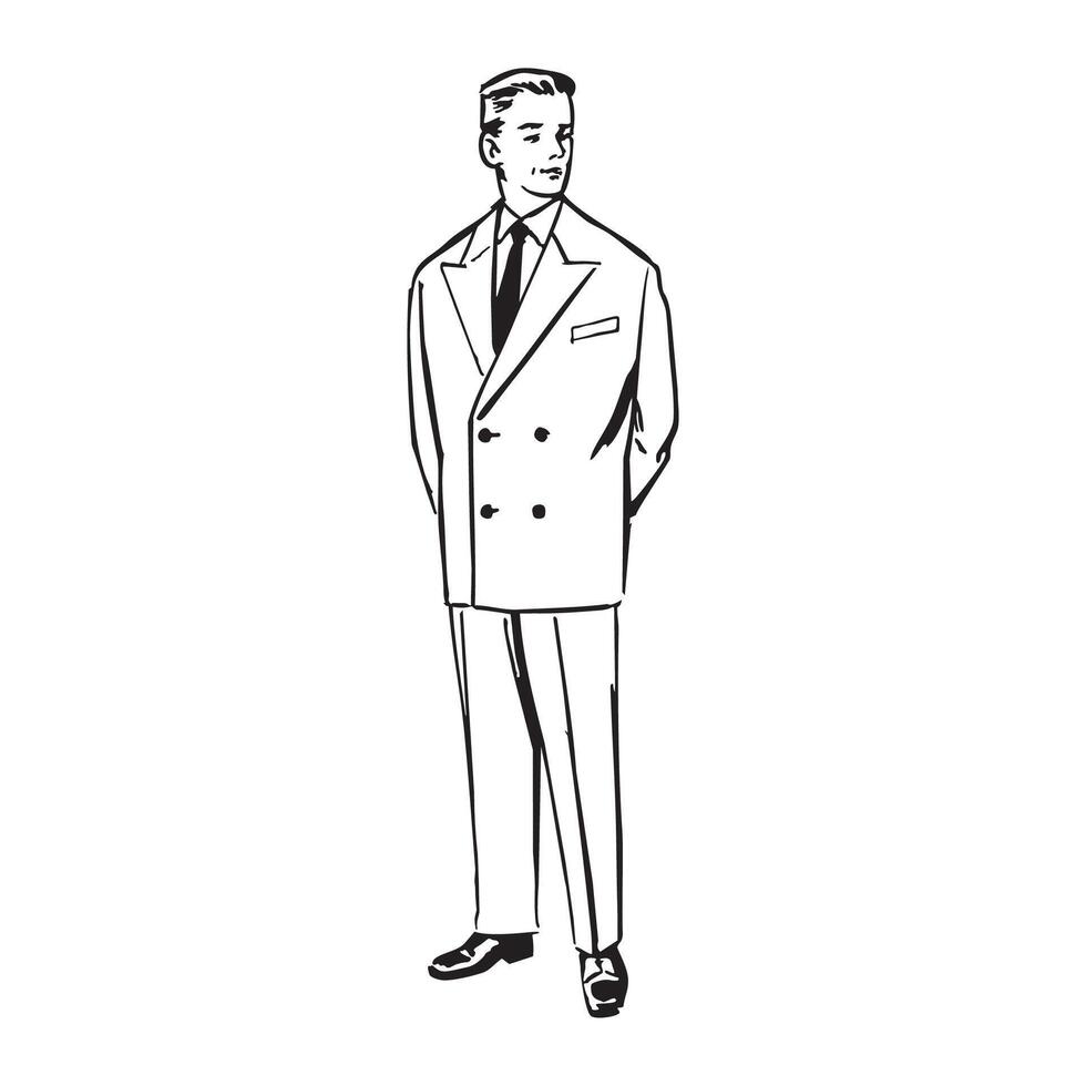 Young smiling retro man standing in suit. vector