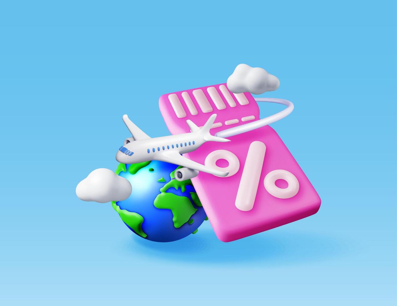 3d airplane with globe and sale voucher isolated. Render plane with discount coupon and
