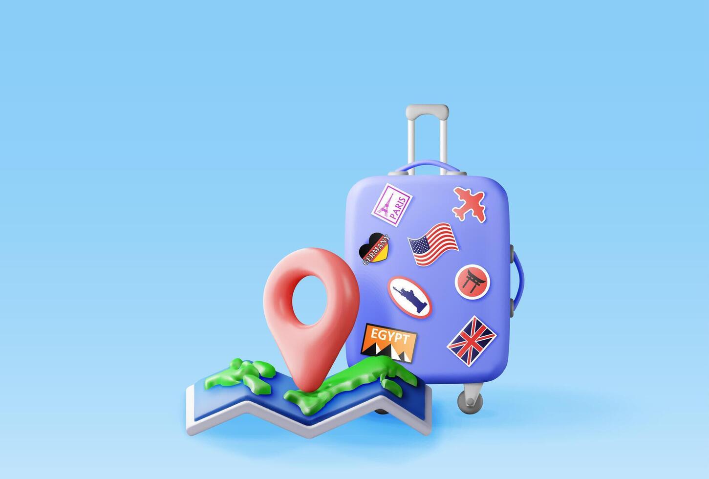 3d plastic suitcase with folded paper map isolated. Render travel bag with stickers and map. Travel element. Holiday or vacation. Transportation concept. vector