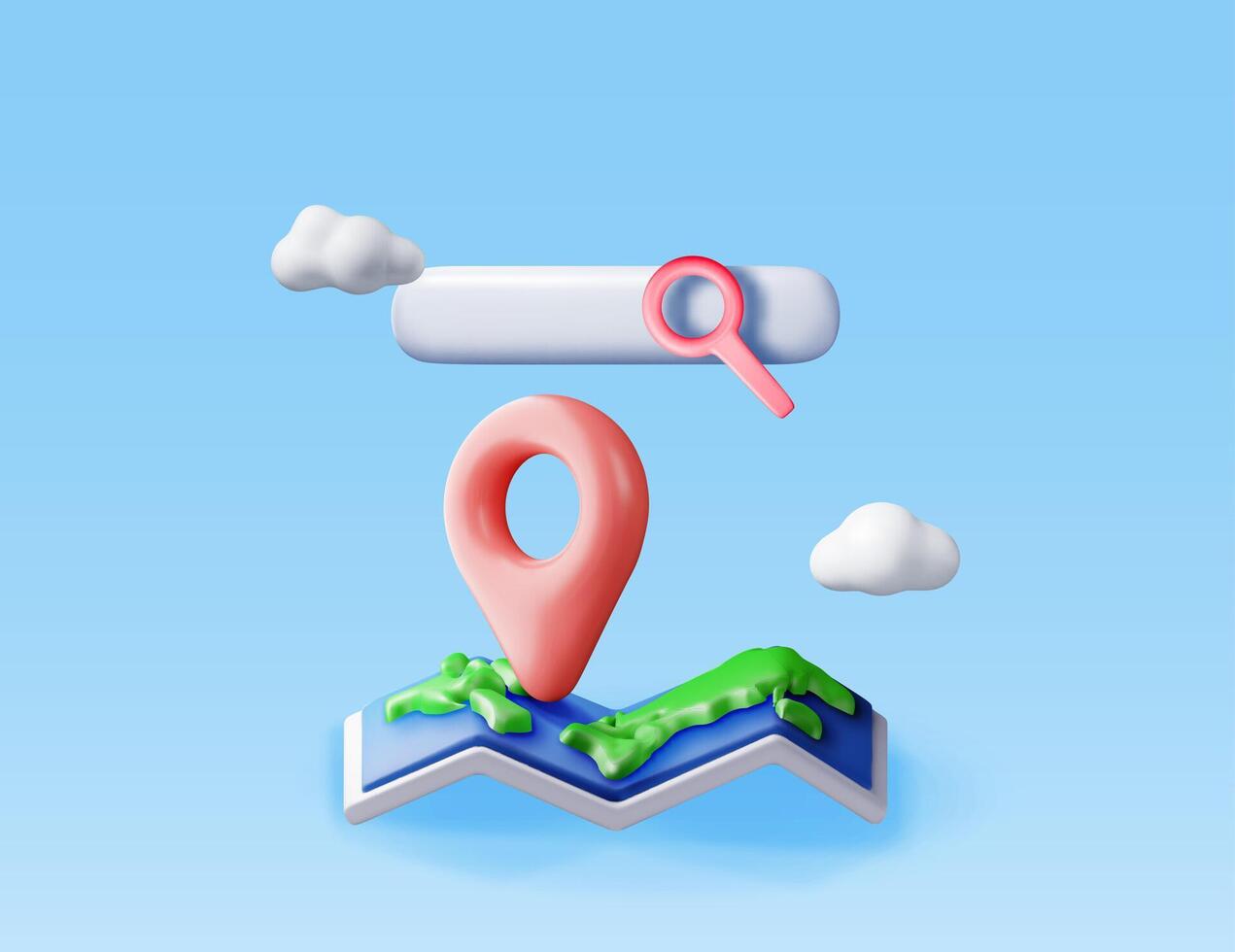 3D location folded paper map, search bar and pin isolated. Red GPS pointer marker icon. Render GPS and navigation symbol. Element for map, social media, mobile apps. vector