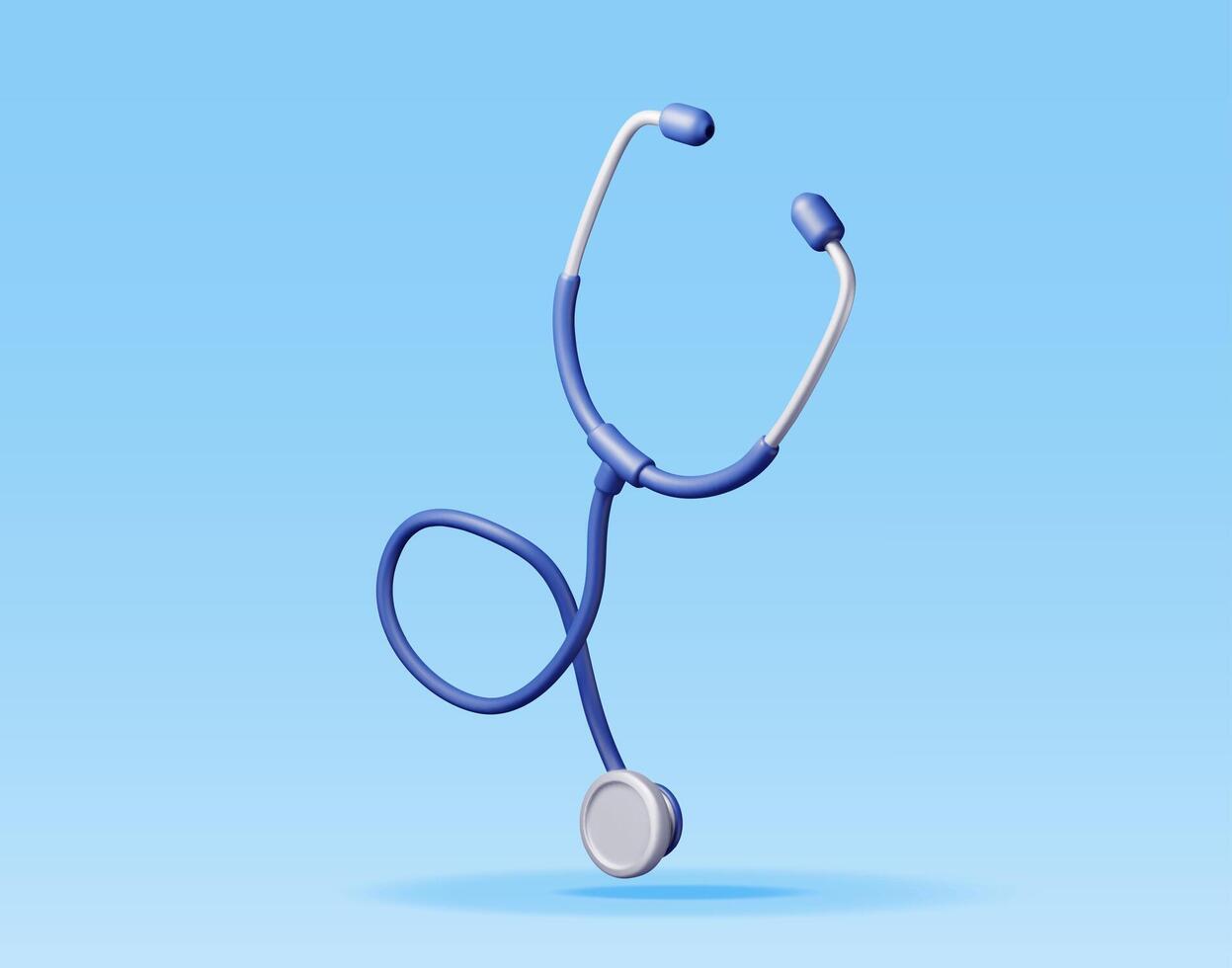 3D medical stethoscope isolated on blue. Render stethoscope doctor instrument icon. Medicine and healthcare, cardiology, pharmacy, drugstore, medical education. vector