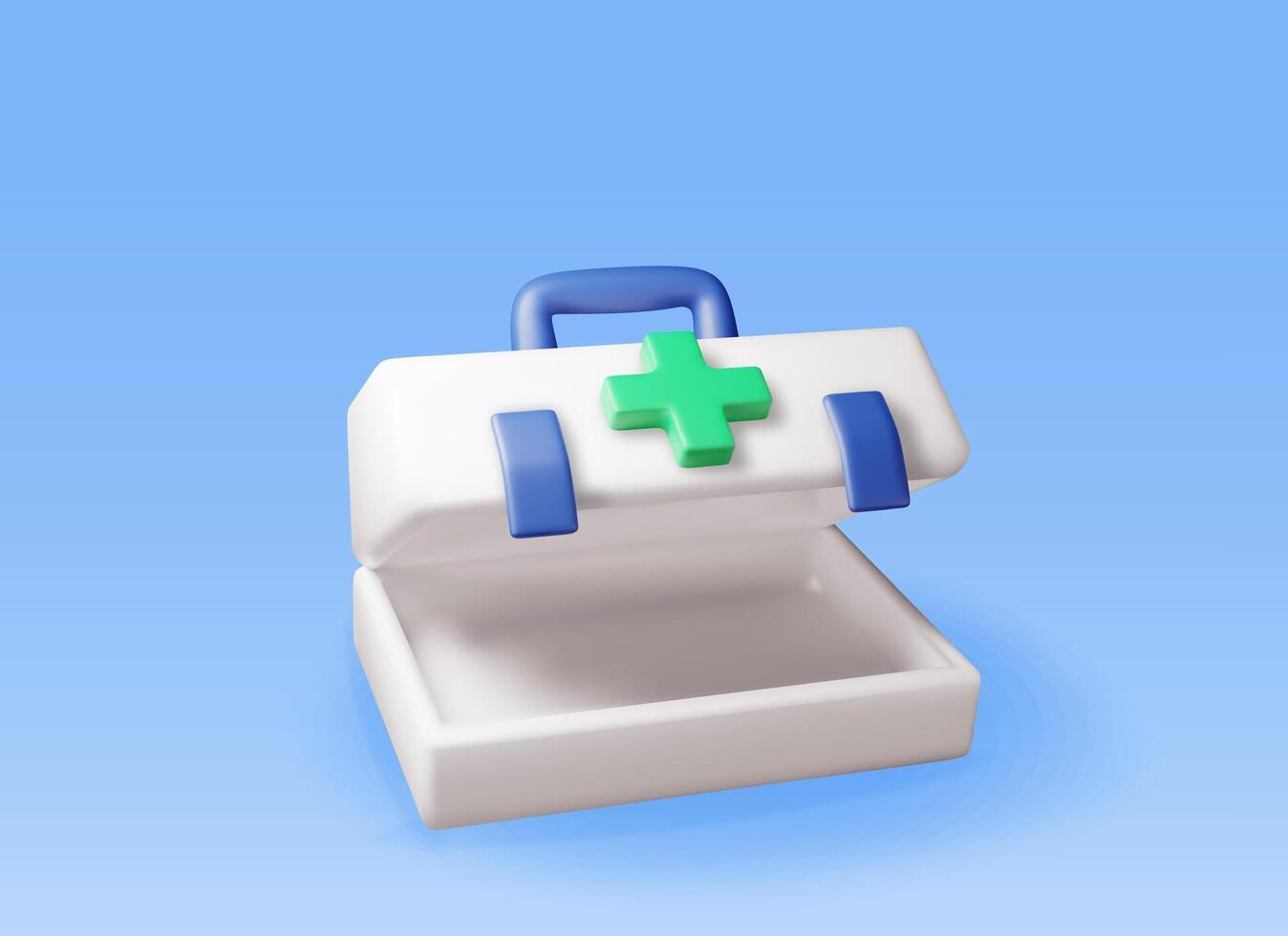 3d First aid kit with green cross isolated. Render plastic bag for medicine. Healthcare, hospital and medical diagnostics. Urgency and emergency services. vector