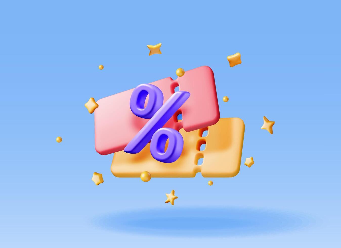 3d coupon with percent symbol and confetti isolated. Render discount voucher or coupon. Blank ticket shopping paper. Promotional offer confirmation. Bonus purchase, gift concept vector