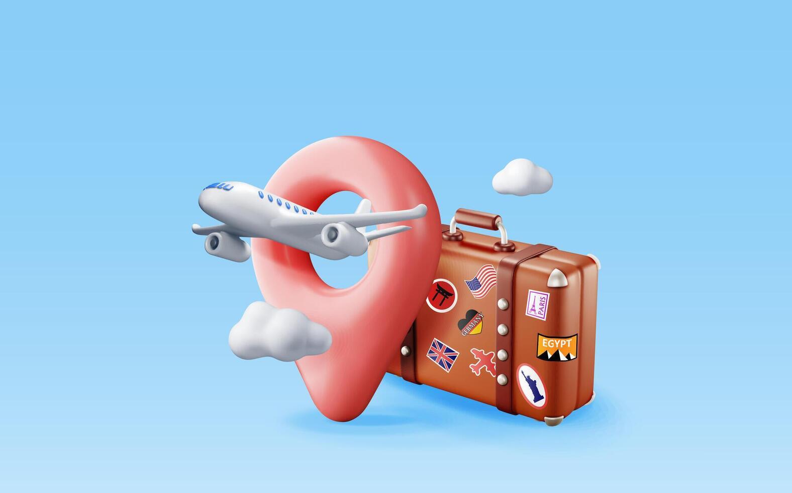 3d vintage travel bag, location pin and airplane. Render classic leather suitcase and aircraft. Travel element. Holiday or vacation. Transportation, trip concept. vector