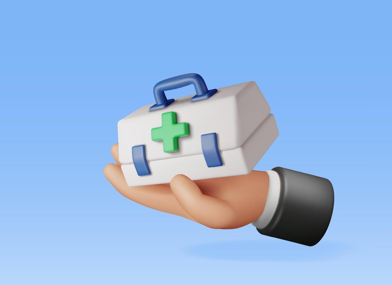 3d First aid kit with green cross in hand isolated. Render plastic bag for medicine. Healthcare, hospital and medical diagnostics. Urgency and emergency services. vector