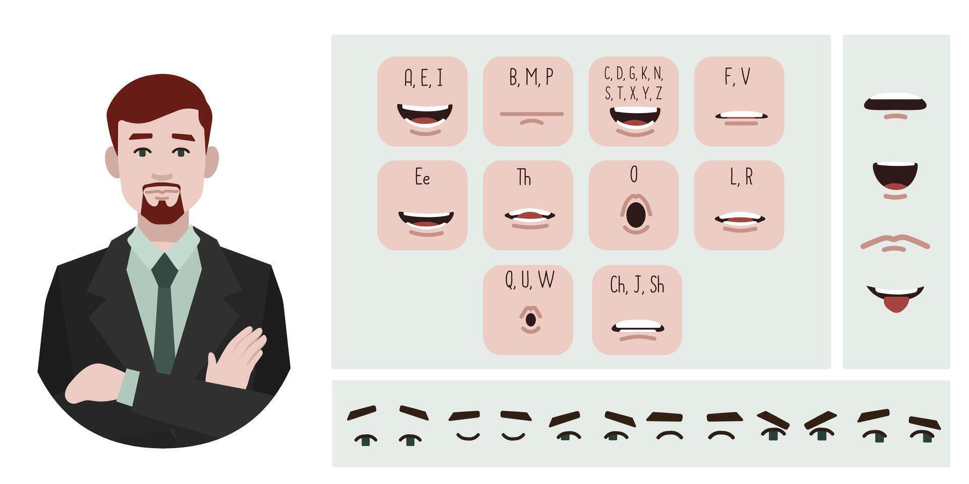 Business man avatar creation suitable for animation. Generator, constructor of diverse eyes, lips, emotion expressions mouth animation and lip sync. Male character face construction. vector