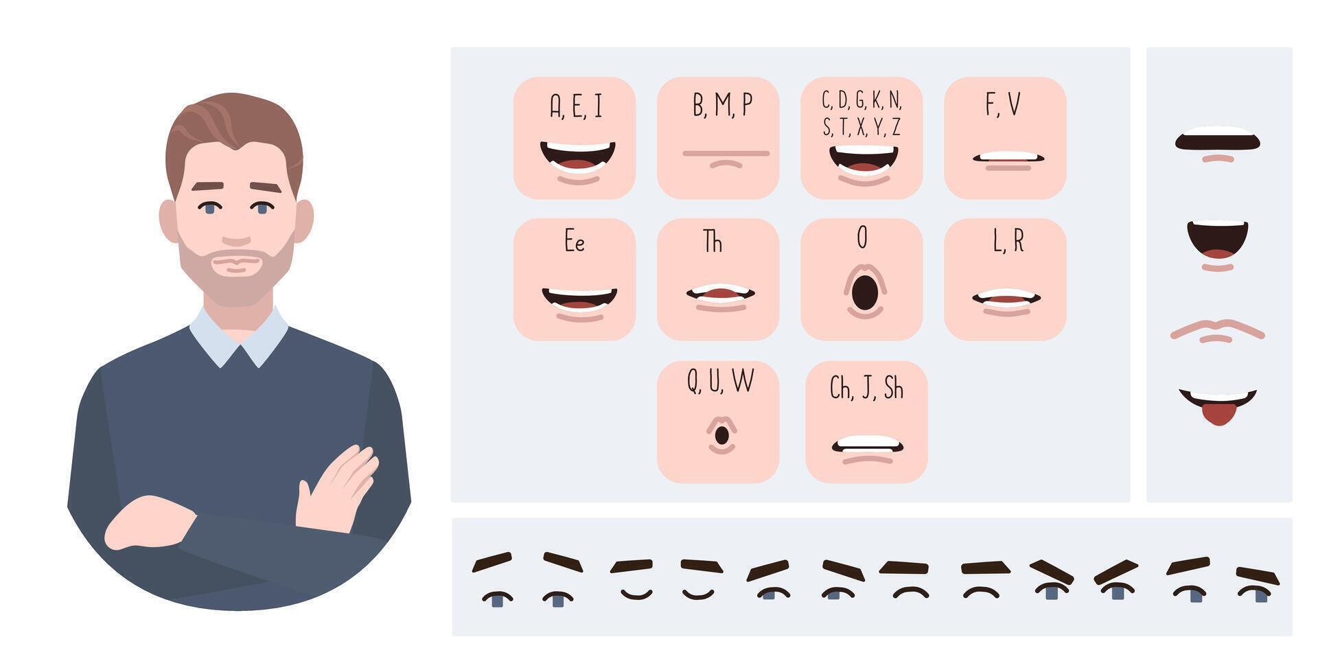 negocio hombre avatar creación adecuado para animación. generador, constructor de diverso ojos, labios, emoción expresiones boca animación y labio sincronizar masculino personaje cara construcción. vector