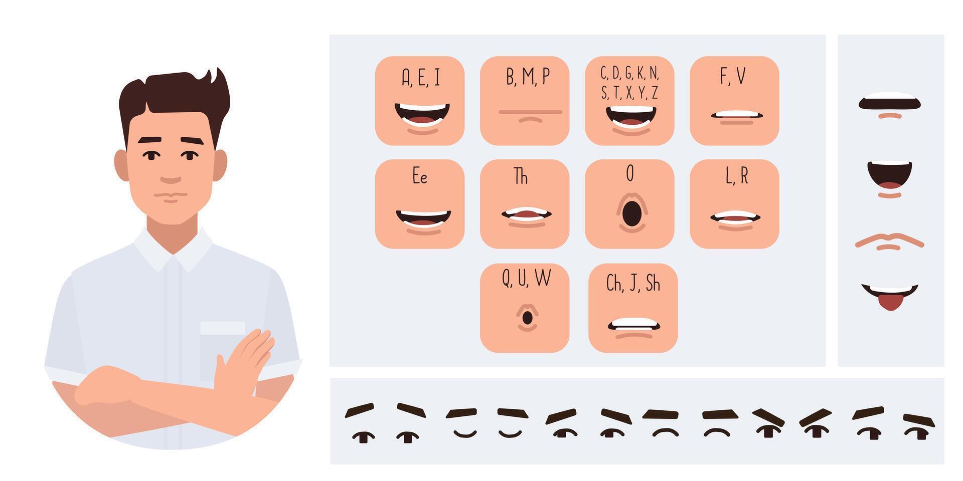 Business man avatar creation suitable for animation. Generator, constructor of diverse eyes, lips, emotion expressions mouth animation and lip sync. Male character face construction. vector