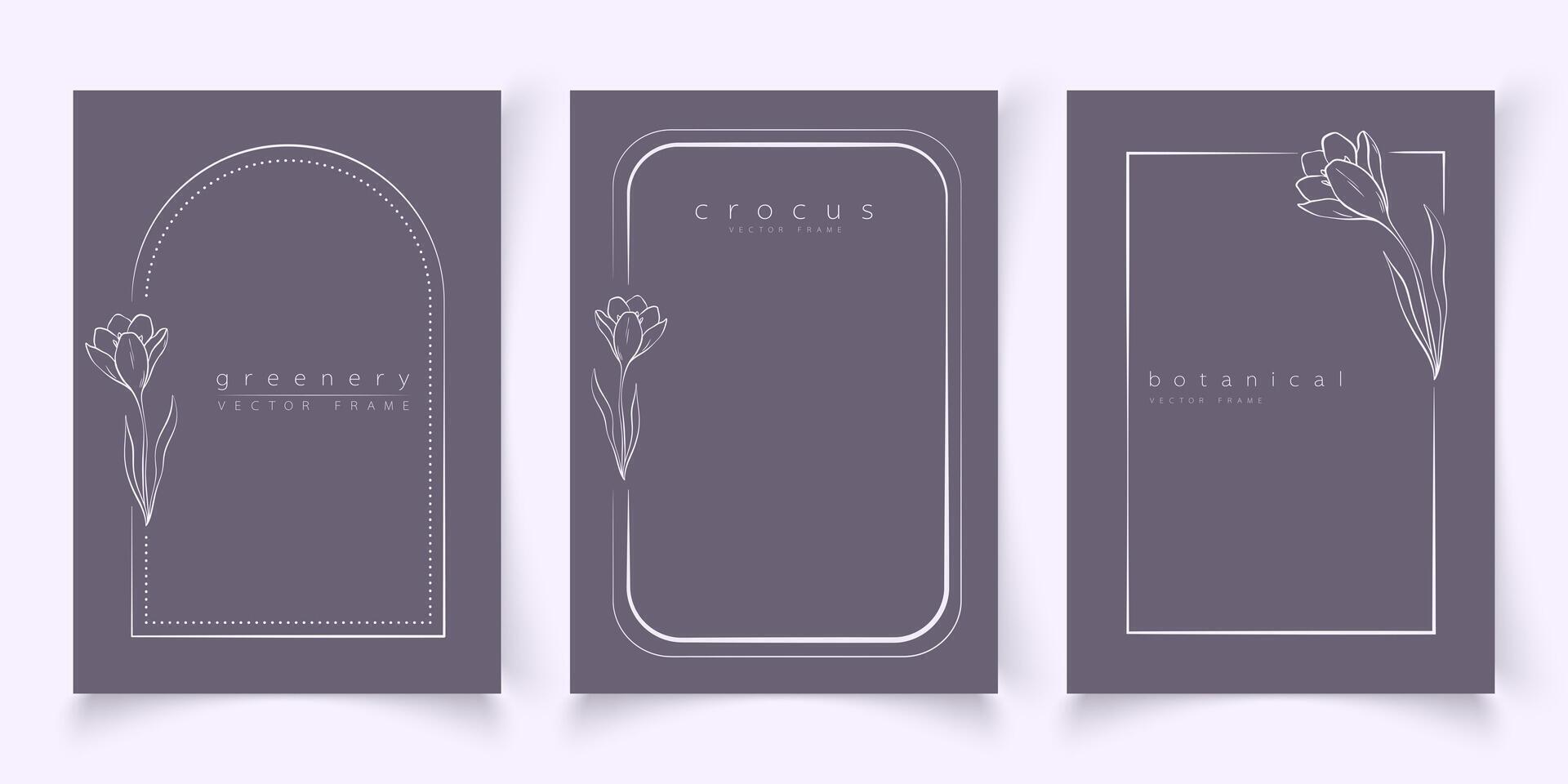 Botanical line art illustration set of crocus flower frames templates for wedding invitation and cards, logo design, web, social media and posters template. Elegant minimal style floral isolate vector