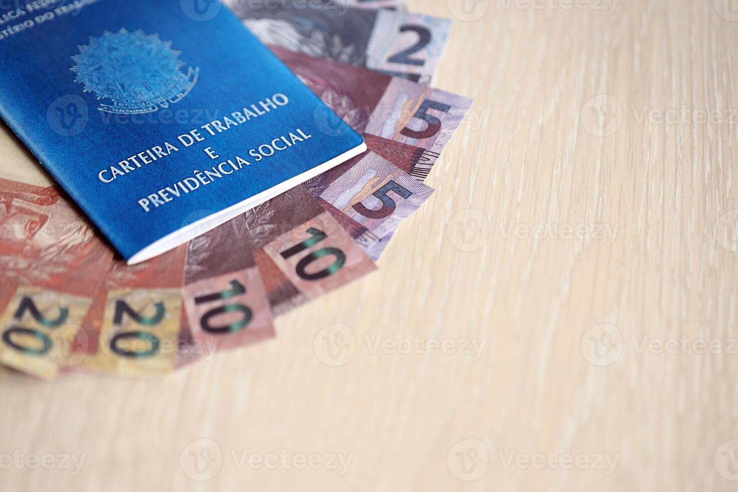 Brazilian work card and social security blue book and reais money bills photo