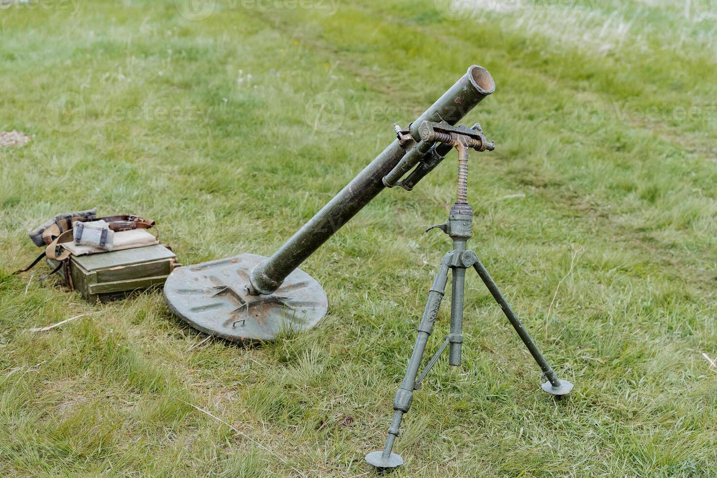 Portable mortar complex, a gun of the Soviet troops of the Second World War, a long-range combat weapon, throwing shells at a distance, Russian weapons. photo