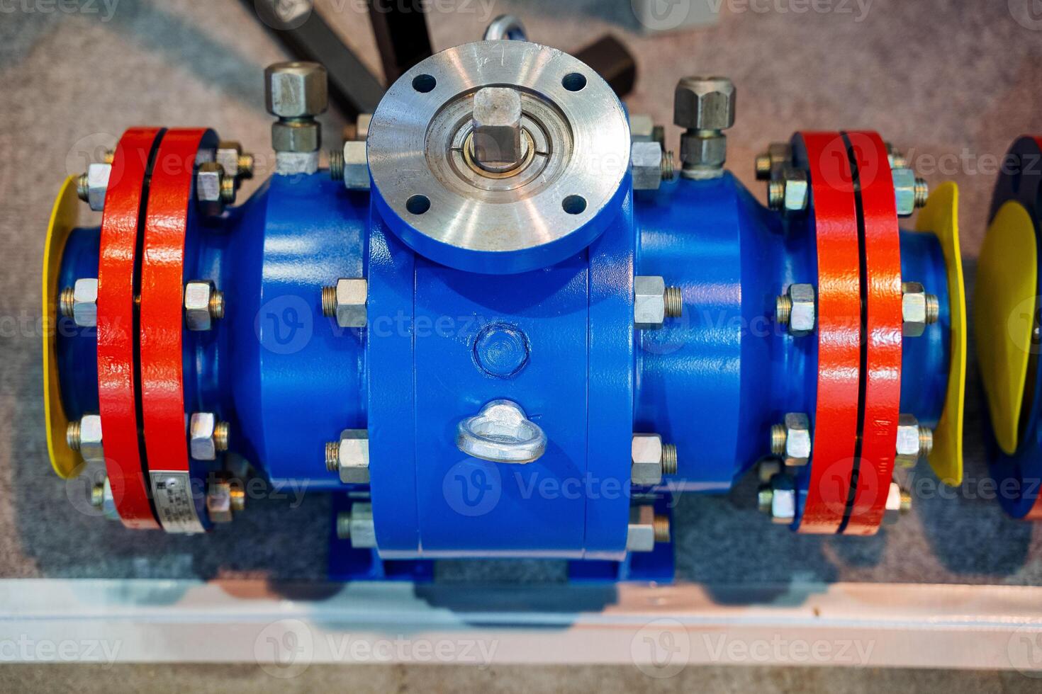 Industrial valve of large size, petrochemical industry, reinforced unit for overlapping the pressure of the liquid in the pipe. connection bolts. photo