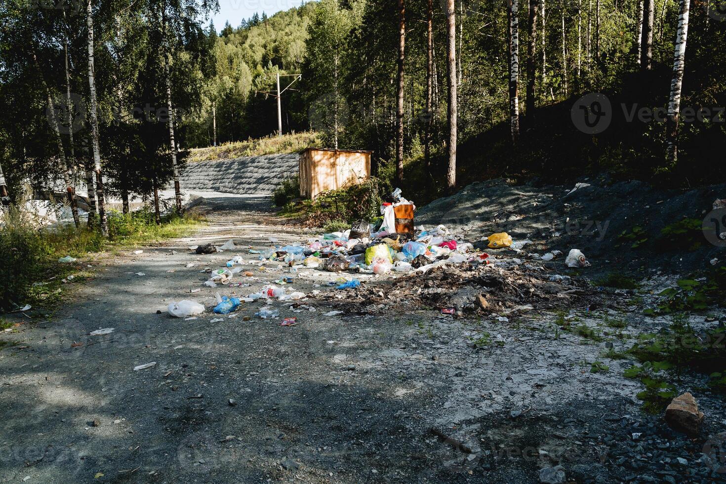 A lot of garbage in the forest, scattered remnants of human life, an ecological catastrophe, a spontaneous landfill, trouble in the wild. photo