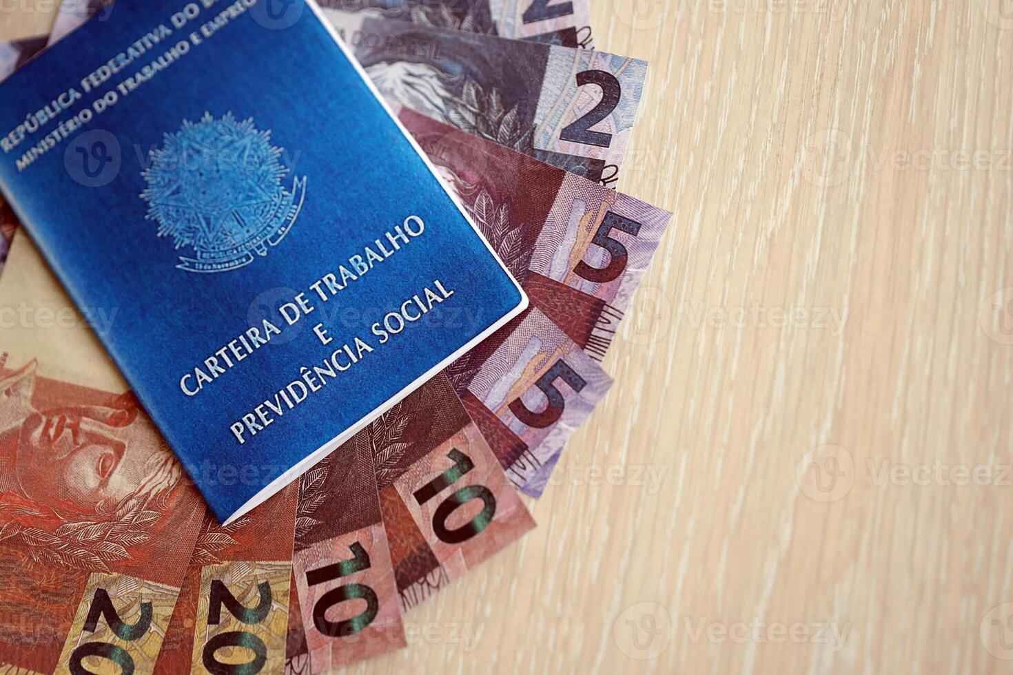 Brazilian work card and social security blue book and reais money bills photo