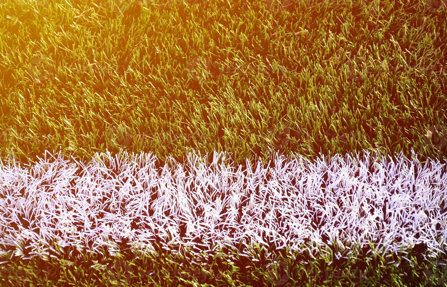 White stripe on a bright green artificial grass soccer field photo