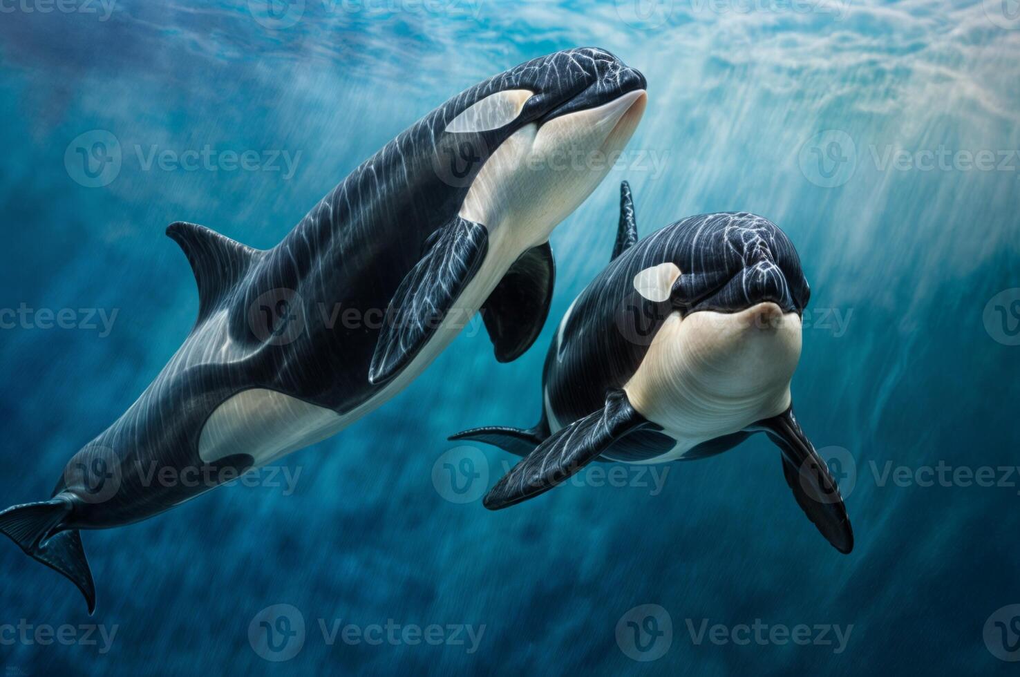 Orca whales swimming gracefully underwater with marine wildlife elegance photo