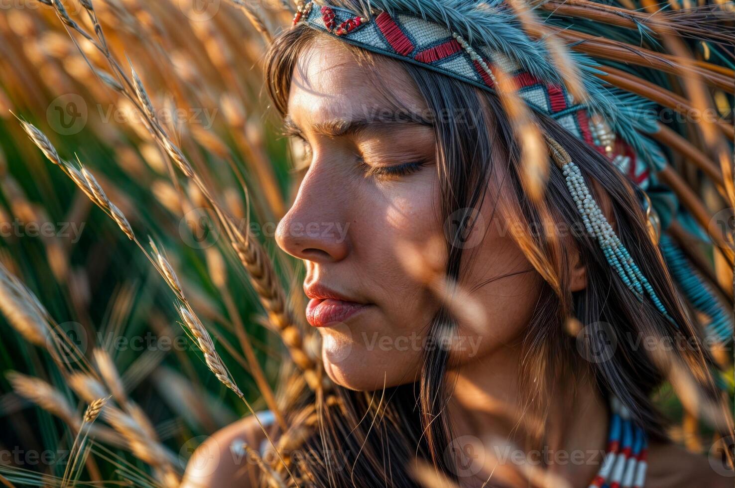 Native American woman wearing traditional headwear and feather headdress in golden light photo