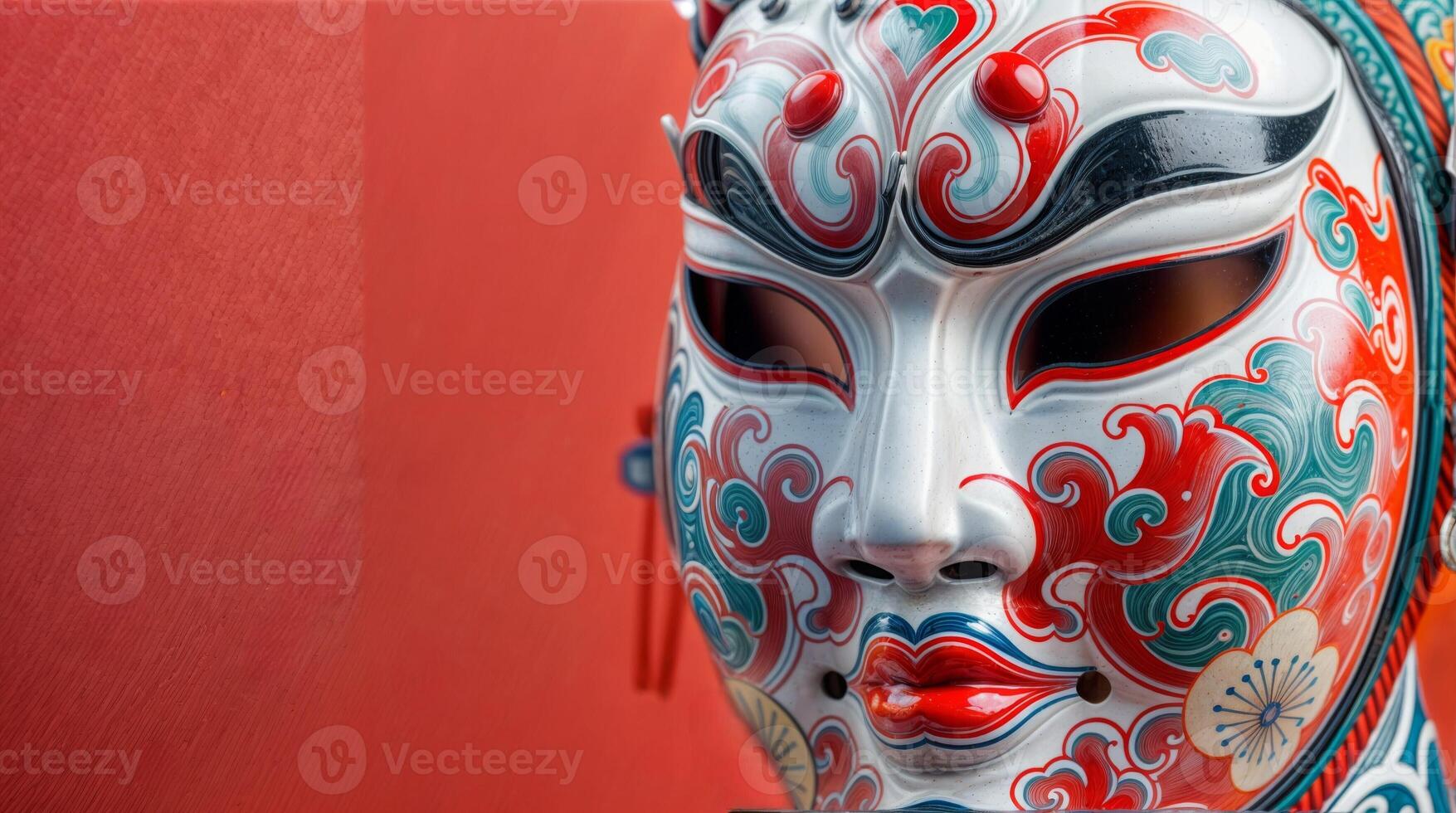 Traditional Chinese mask with red and white swirls embodies culture, opera, performance, and art photo