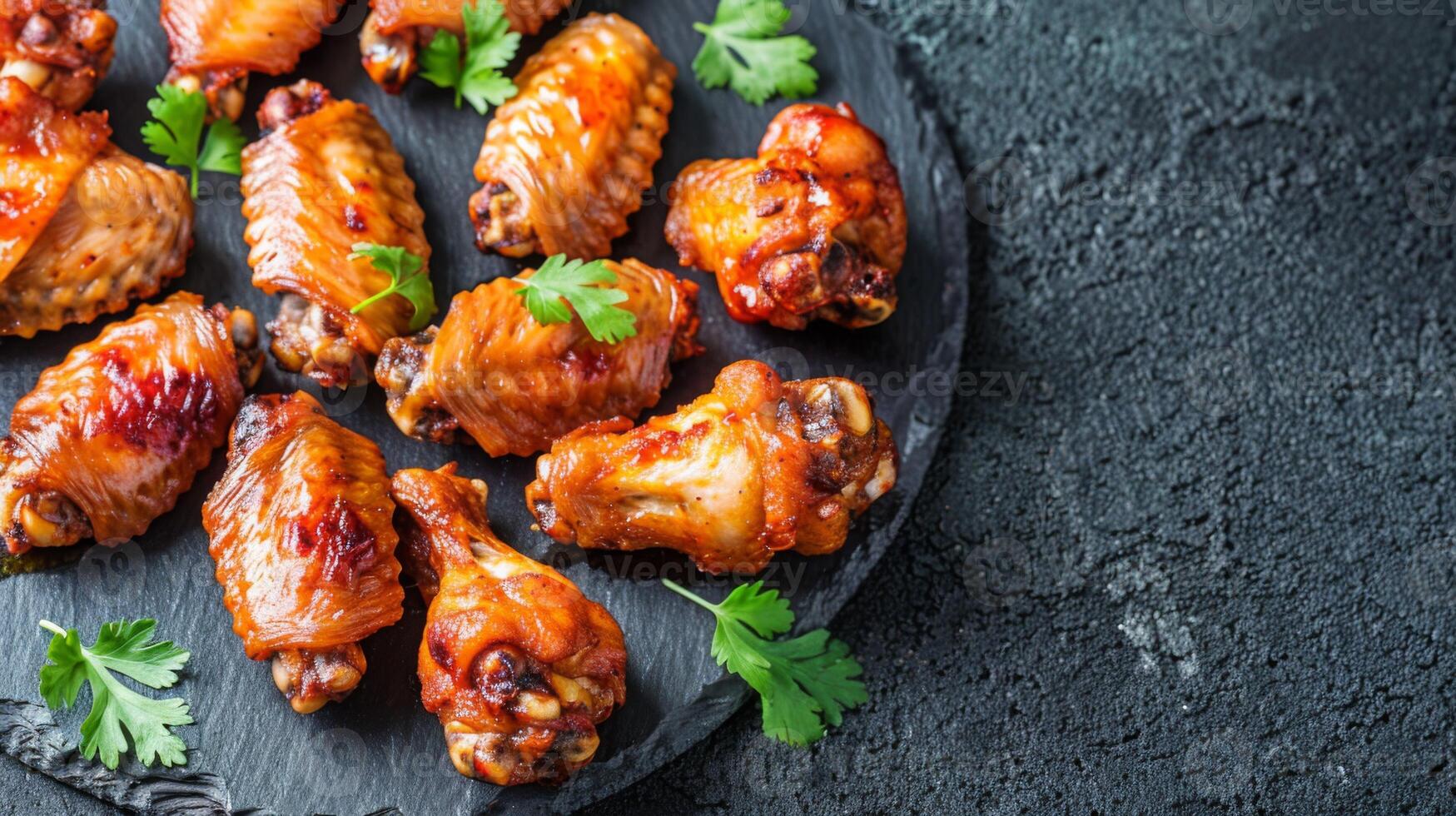 Glazed chicken wings with parsley on a stone textured platter showcase a savory barbecue appetizer photo