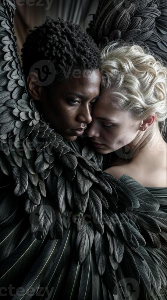 Interracial couple in embrace with black and white feathers showcases diversity, love, and emotion in an artistic portrait photo