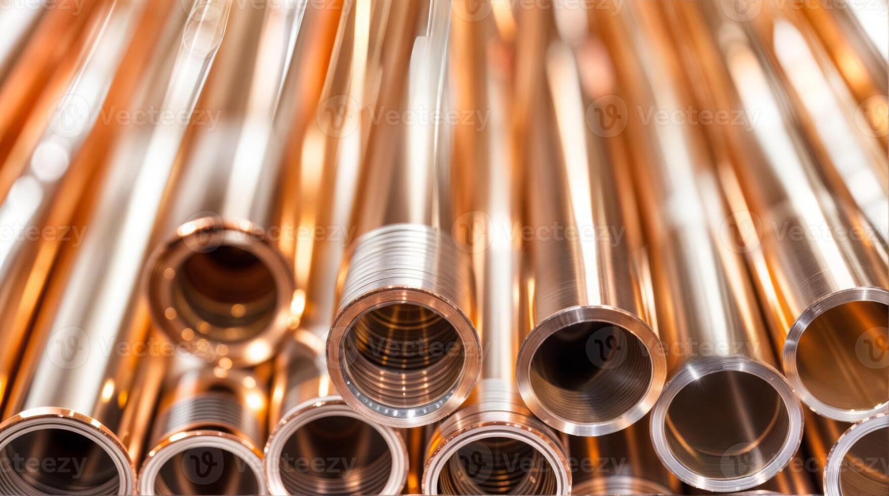 Copper tubes and plumbing materials showcasing industrial construction and metallic hardware with shiny reflections photo