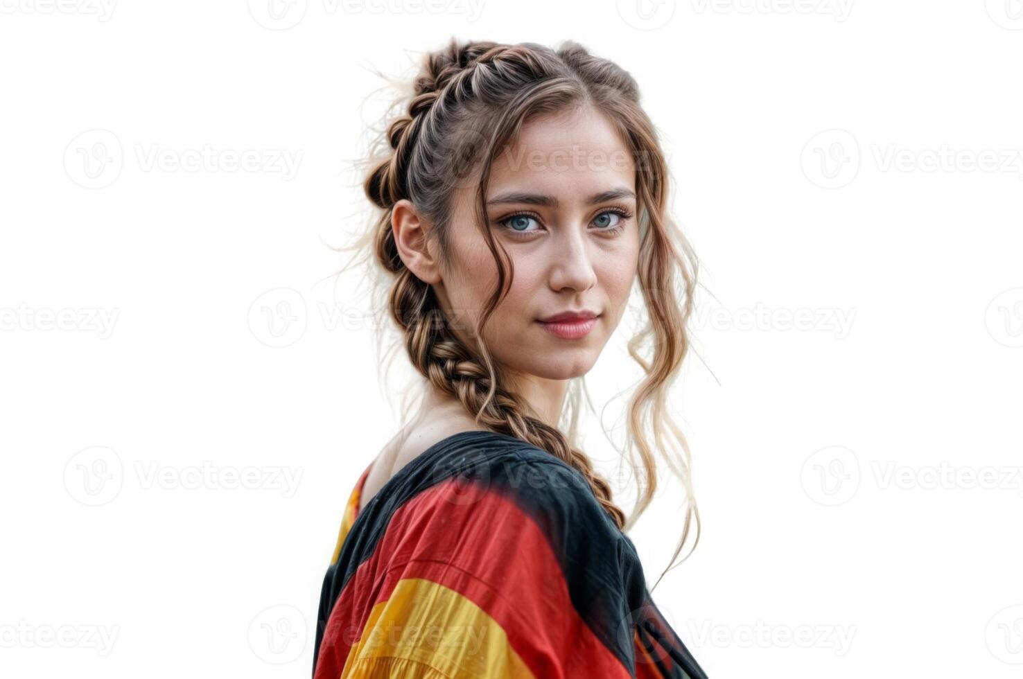 German girl with blonde braids wrapped in the national flag displaying beauty and patriotism photo