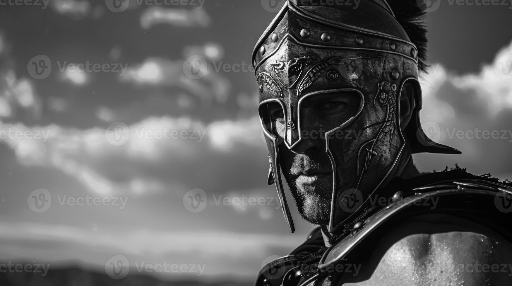 Intense portrait of a gladiator with helmet and armor in dramatic monochrome photo