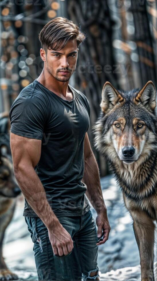 Man and wolf exhibit outdoors companionship with muscular build and intense eye contact photo