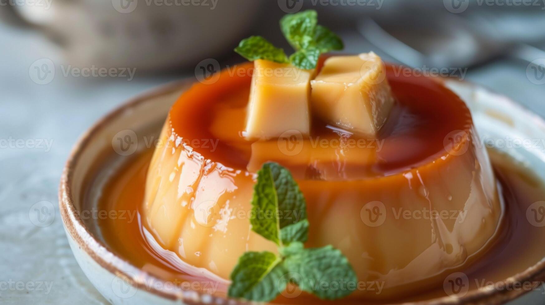 Closeup of a sweet flan dessert with caramel glaze and a mint garnish on a plate photo