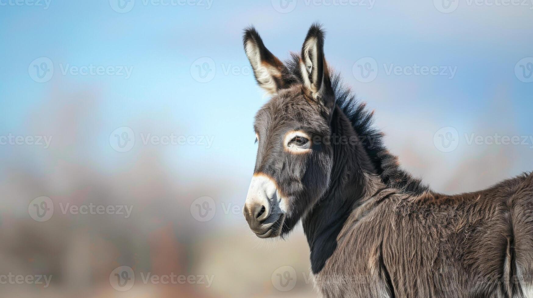 Close-up donkey portrait showing mammal with soft fur and attentive eyes in a natural farm setting photo