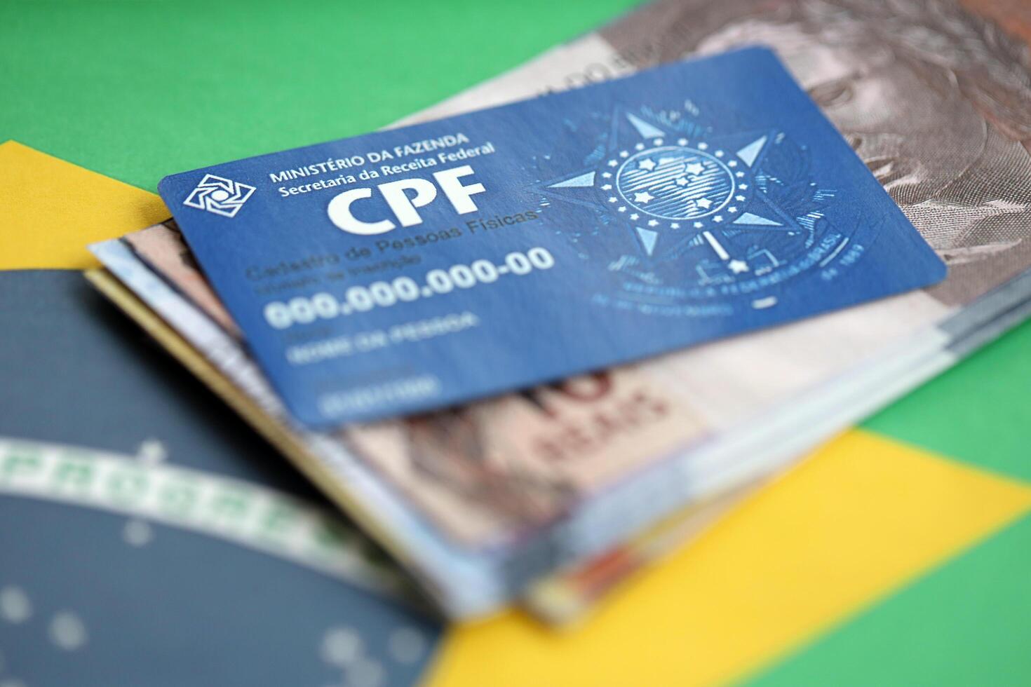 KYIV, UKRAINE - OCTOBER 31, 2023 Blue CPF card document template. The document guarantees authenticity and integrity in electronic communication between people in Brazil photo