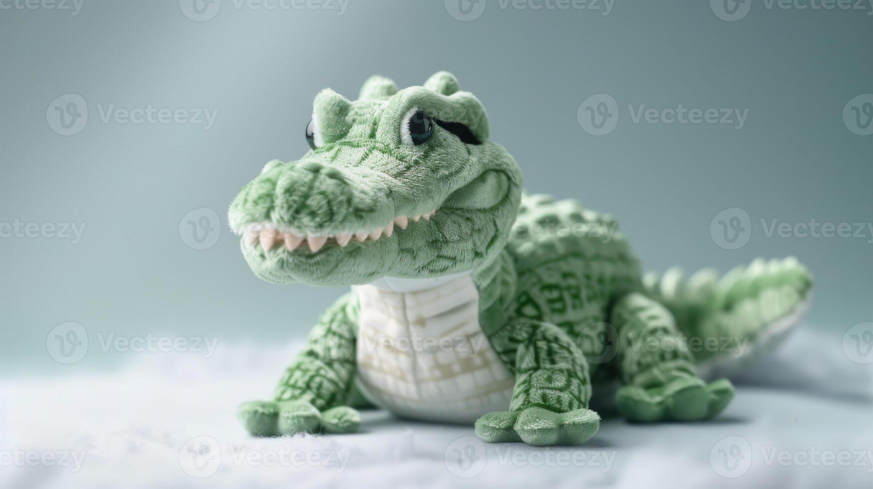 Close-up of a green plush alligator toy with soft stuffed fabric texture photo