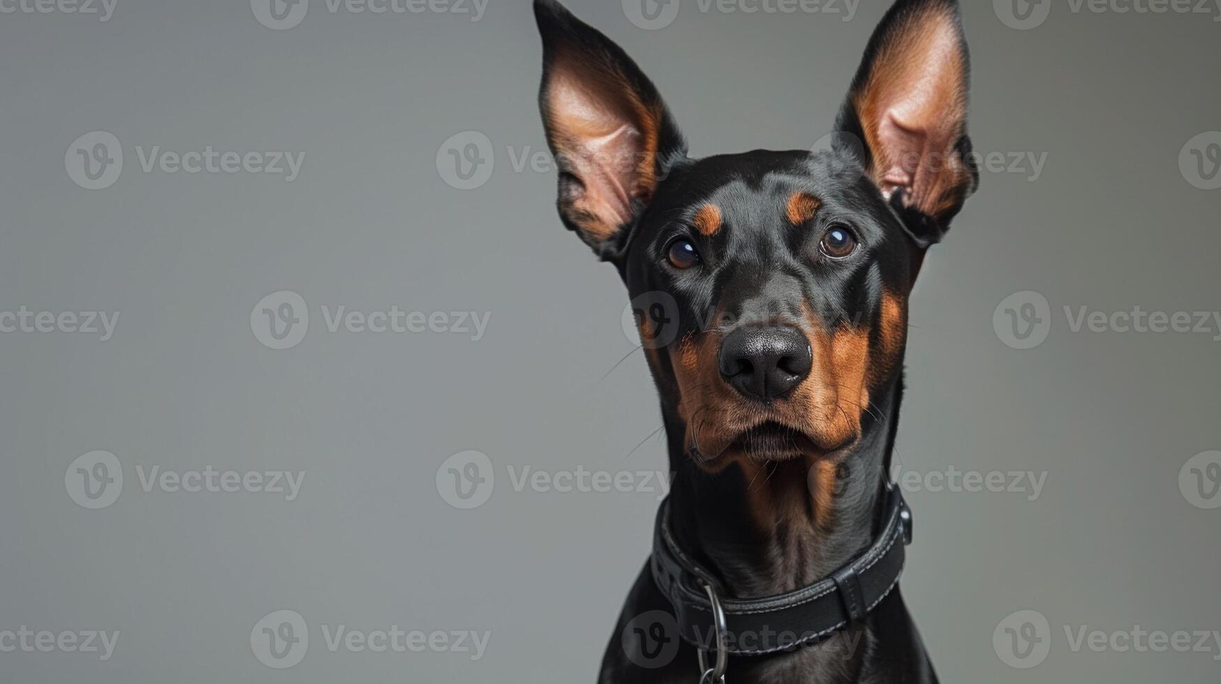 Alert Doberman Pinscher dog portrait showcasing its perceptive eyes and elegant black and tan coat photo