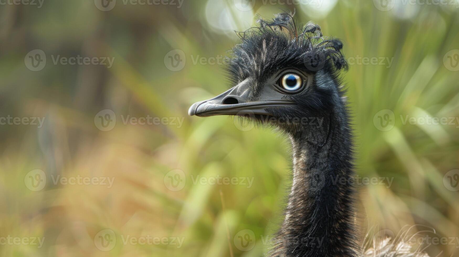 Close-up portrait of an emu featuring its distinctive feathers and beak with a blurred nature background photo