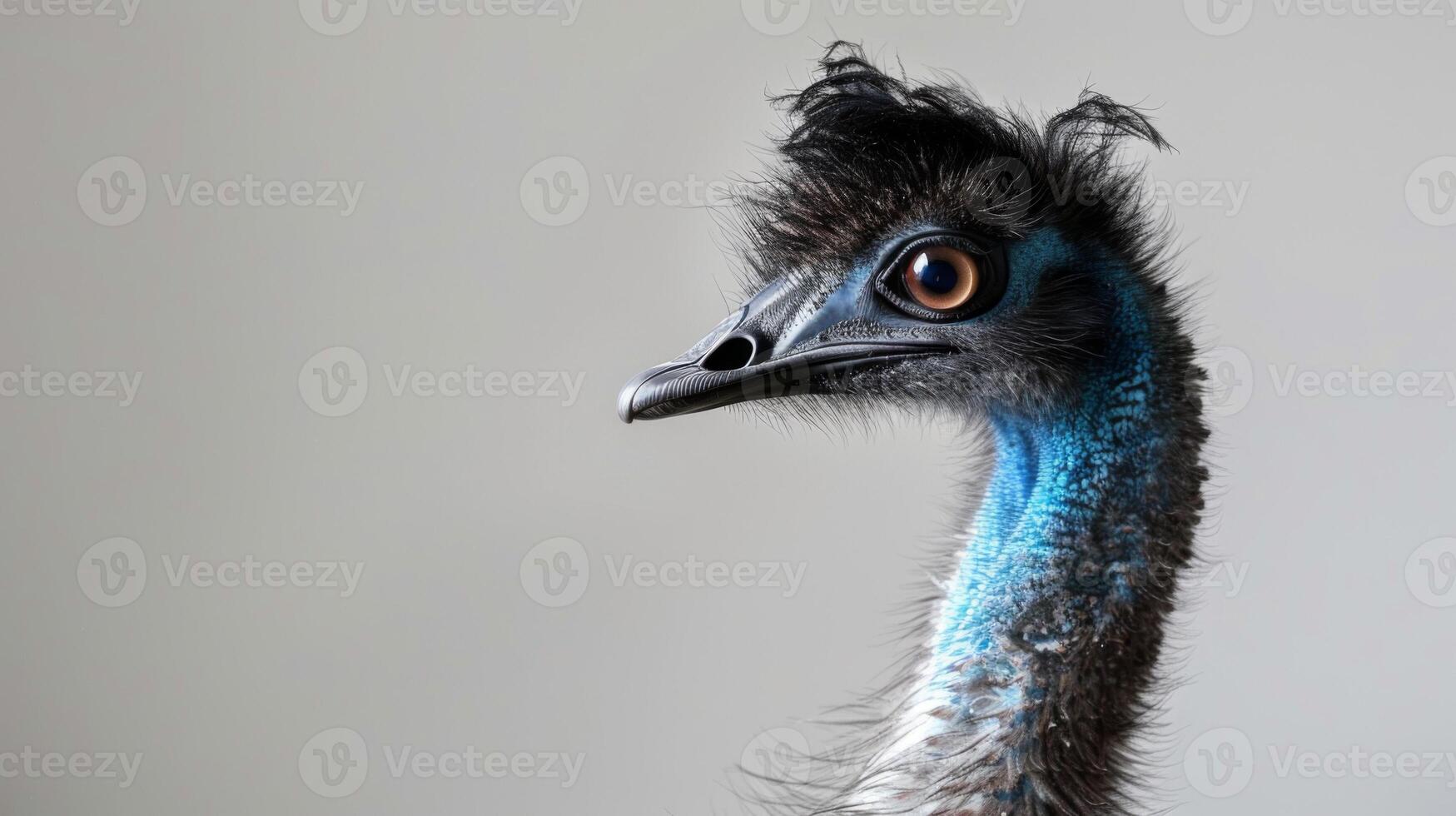 Close-up emu portrait showcasing its feathers, beak, eyes, and vibrant blue neck photo