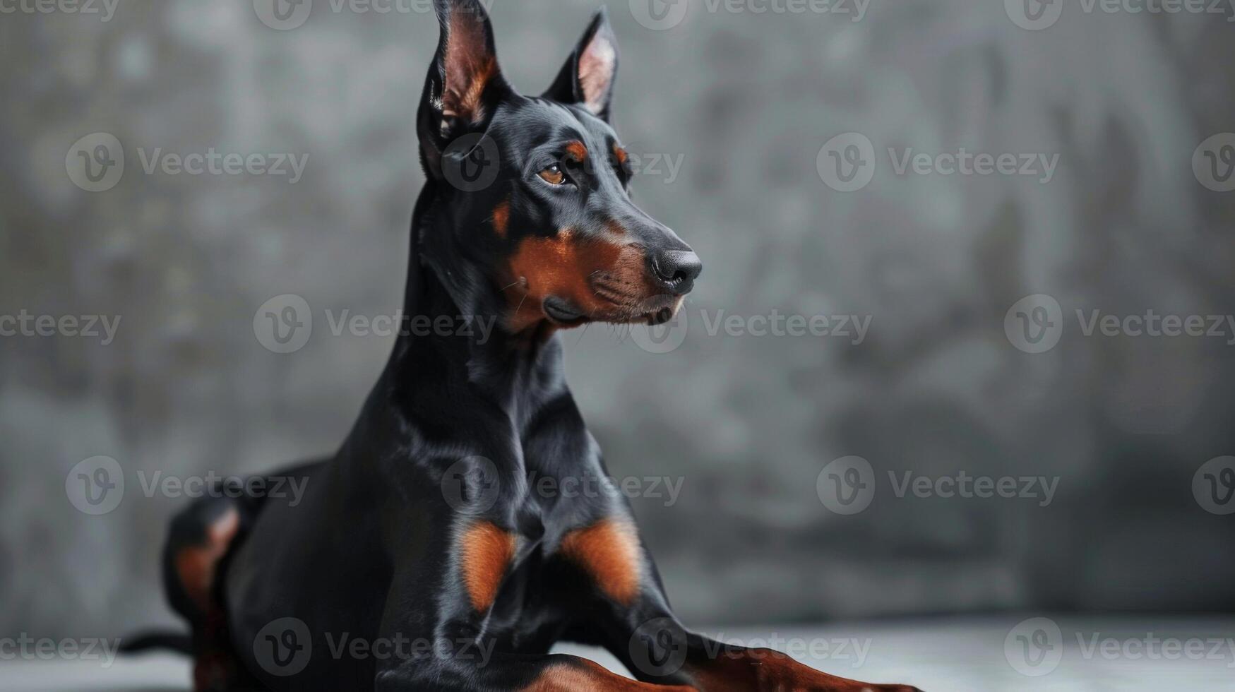 Elegant Doberman Pinscher sitting in a studio portrait displaying its black and brown coat photo