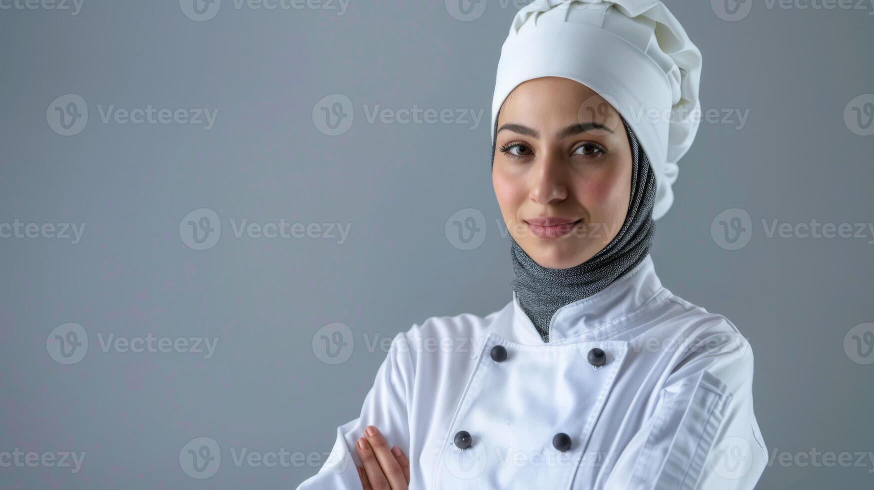 Confident female chef in hijab and uniform poses in a culinary kitchen setting photo