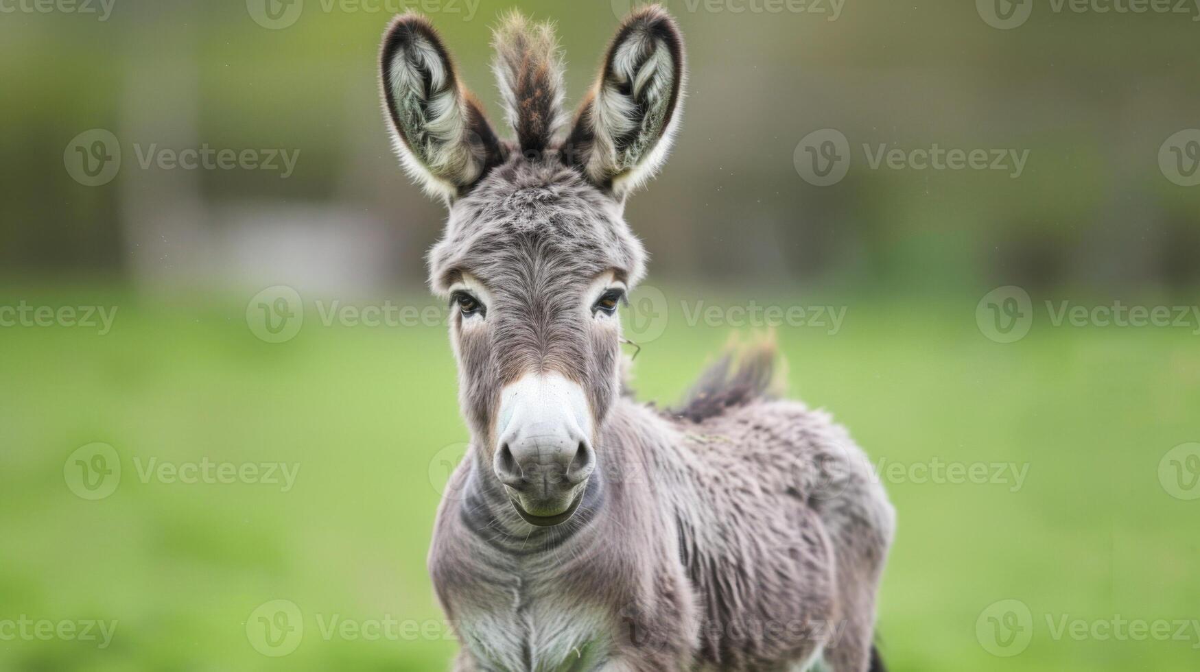 Close-up portrait of a furry donkey with large ears and expressive eyes in an outdoor green field photo