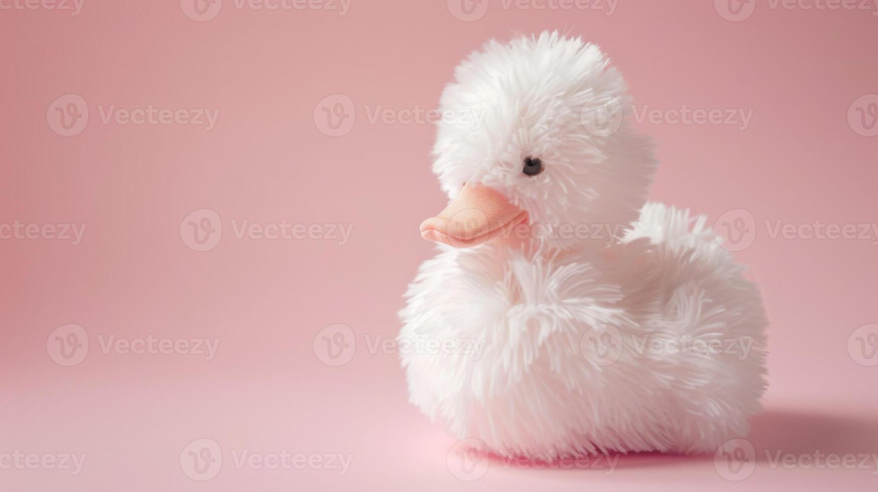 Fluffy duck toy on pink background exudes softness, playfulness and childhood innocence photo