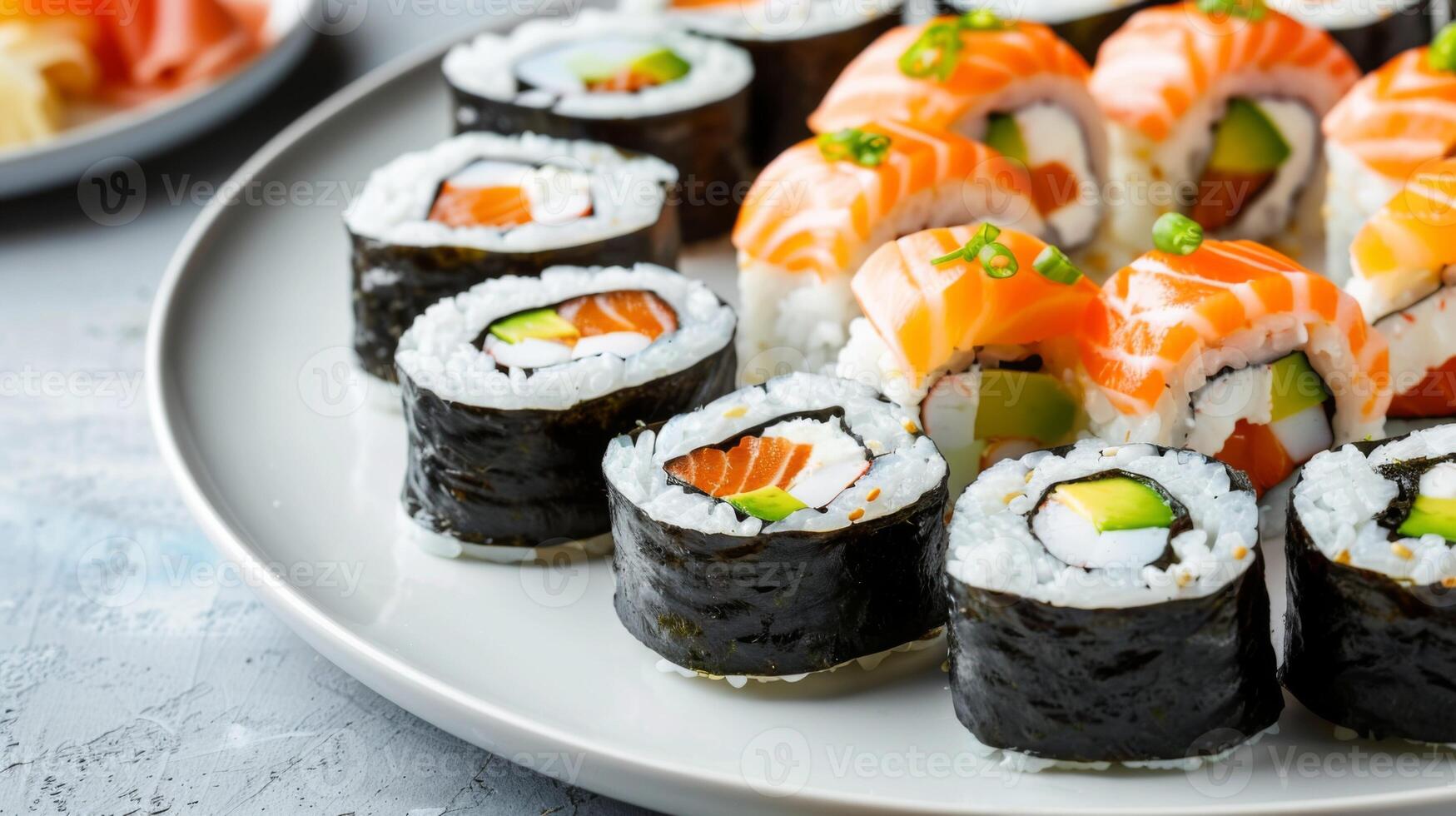 Delectable sushi platter with salmon, avocado, rice, nori, roll, and Japanese elements photo