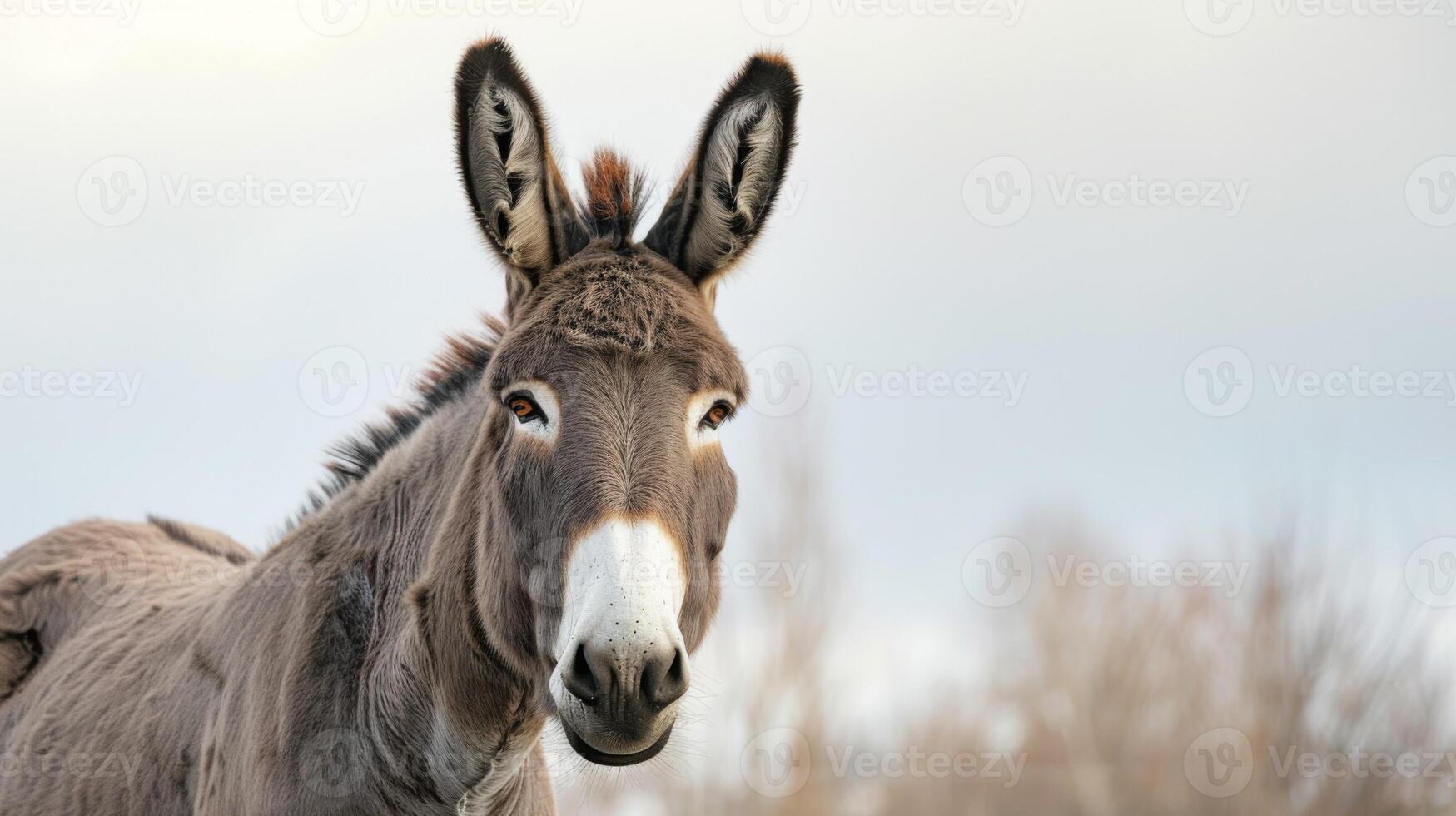 Close-up of a calm donkey with attentive ears and expressive eyes in nature photo