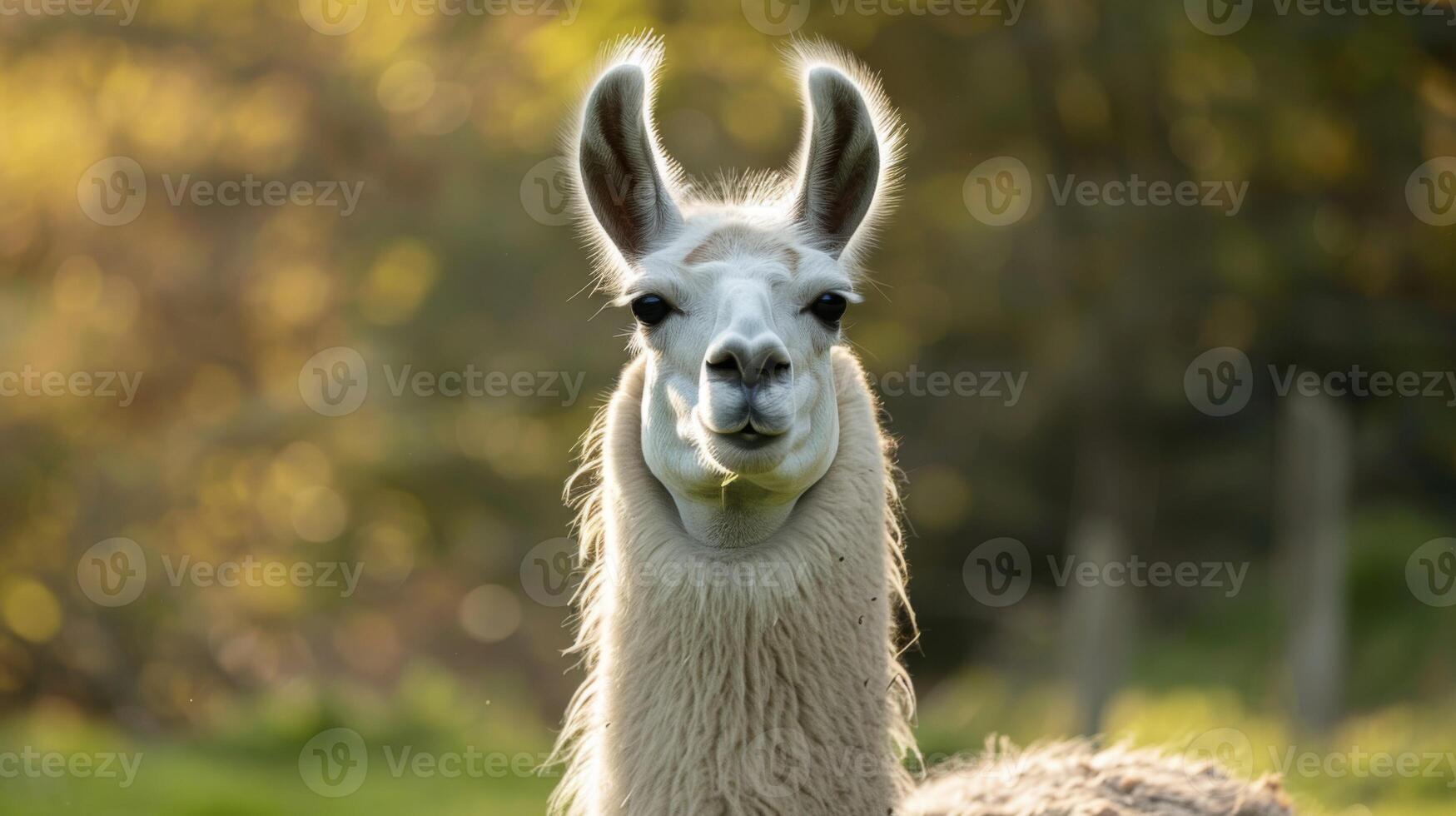 Llama portrait with wildlife, nature, outdoors, animal, bokeh, fur, eyes, and ears in tranquil golden hour light photo