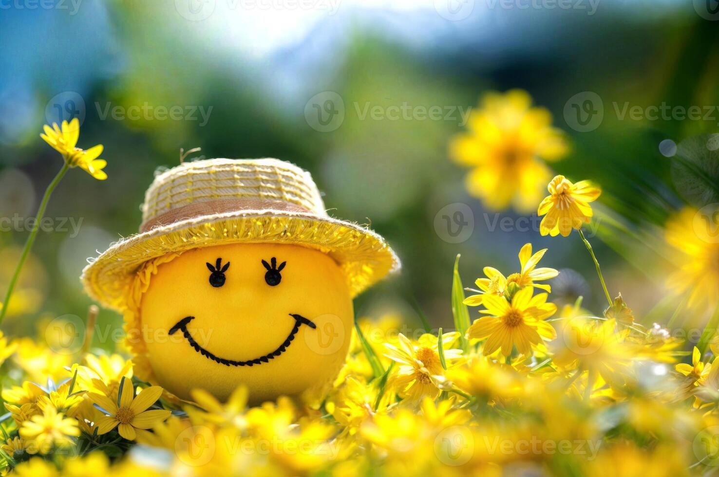 Yellow smiling ball wearing a straw hat in a sunny field of flowers showing happiness and joy in nature photo