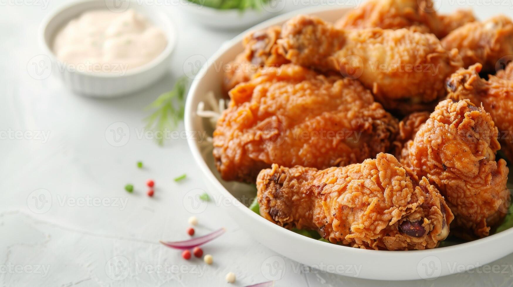 Fried chicken with crispy golden drumsticks and savory wings on a platter photo